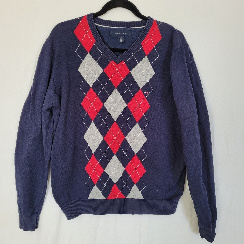 TOMMY HILFIGER Argyle Sweater Navy Red Gray Size L 100% Cotton Preppy Academia